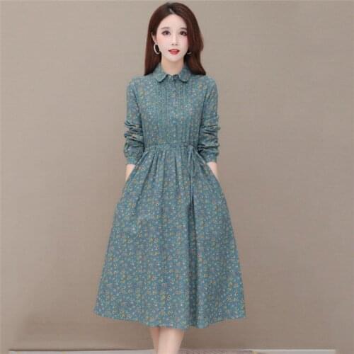 2021 New Summer Women Long Sleeve Cotton and linen Dress Big Size A-line Floral Dress Elegant Lady Green Dresses Vestidos WZ1361