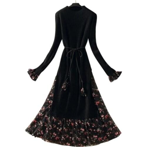 Women dress spring Autumn New round neck long-sleeved dress women knitted stitching Floral long section Women dress female