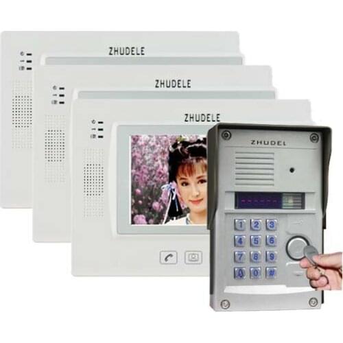 ZHUDELE7"Touch Key LCD Video Door Phone Video Intercom HD IR Camera Password/ID Card Unlock, Support IP Camera 1Camera+3Monitors