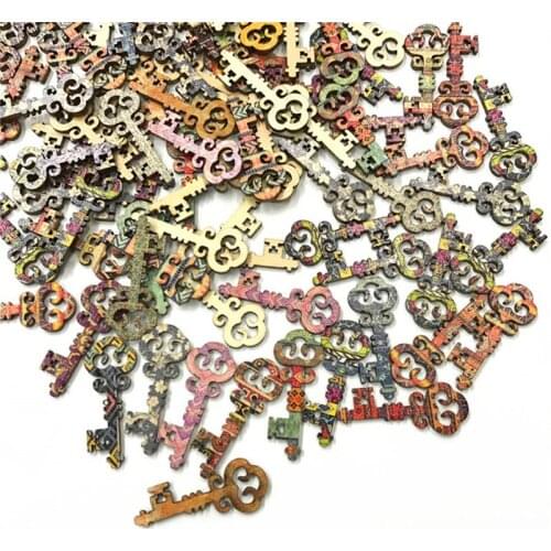 200PCS Wooden Ornament Mixed Key Pattern DIY Crafts Home Decoration Scrapbooking Unfinished Wood Slices Accessories