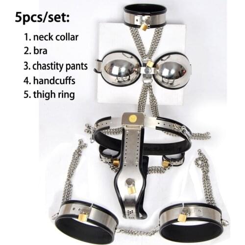 5pcs/set stainless steel chastity device bondage kit handcuffs neck collar bra bdsm bondage fetish wear female chastity belt