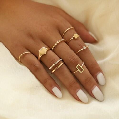8PCS/SET Fashion Heart Star Crystal Simple Design anillos Punk Gold Color Geometry Finger Joint Rings Sets for Women Jewelry