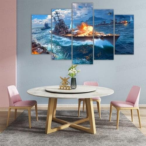 War Ship Battleship 5 Piece Canvas Wall Art Print Home Decor HD Pictures 5 panel poster Framed Paintings Living Room