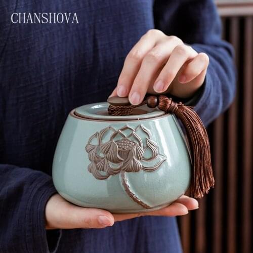 CHANSHOVA Handmade Emboss Ceramic Tea caddy 800ml Sealed moisture-proof traditional chinese tea box tea storage container