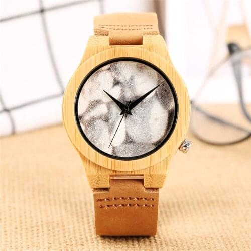 Matte Black White Round Dial Bamboo Wood Watch Unisex Quartz Wristwatch Brown Genuine Leather Watchband Casual Wooden Timepiece