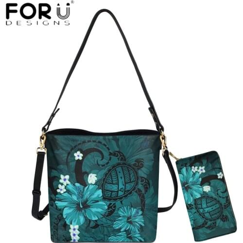 FORUDESIGNS Luxury Women Crossbody Bucket Bag Hawaii Turtle Poly Tribal Turquoise Printing Female Clutch Purse And Handbag Set