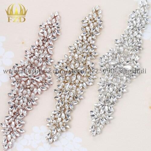 FZD (1Pcs) Handmade Bling Sew on Hot Fix Beaded Crystal Silver Rhinestone Applique for Wedding DIY Bridal Belt Free Shipping