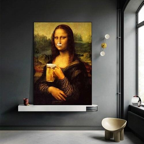 Spoofing And Interesting Mona Lisa Drinking Beer Canvas Painting And Poster Printing Art Picture Living Room Home Decoration