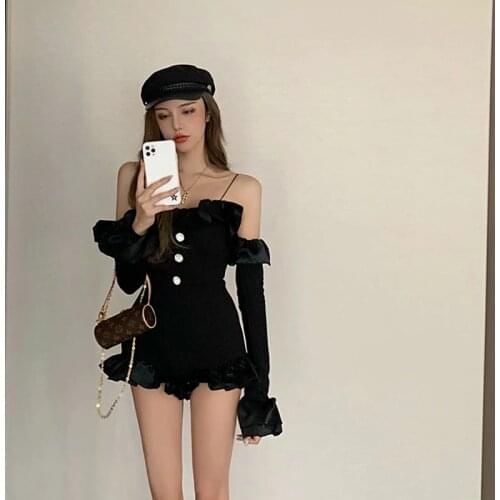 Jumpsuits For Women 2020 Elegant Fashion Black Long-Sleeved Off Shoulder Jumpsuit Shorts Bodycon Club Party Onesie Shorts AA5592