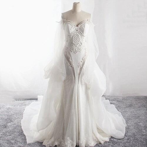 LZ411 Sweetheart Neck Lantern Sleeve Diamonds Delicate Appliques Lace Mermaid Dress Removable Train Detachable Wedding Dress