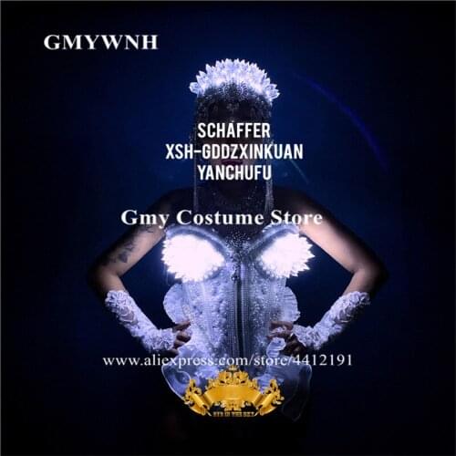 M301 Catwalk show dress pearl godo bodysuit ds stage wears led costume luminous light clothe ds dj cloak white head piece outfit
