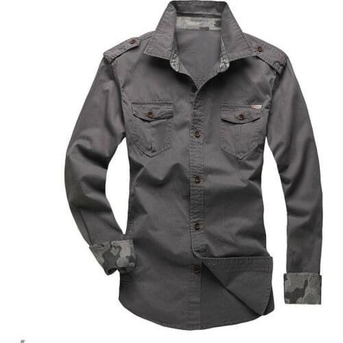 Mens Casual Military Cargo Dress Long Sleeve Shirt Double Pockets Top Solid Color Fashion Lapel Comfortable Simplicity
