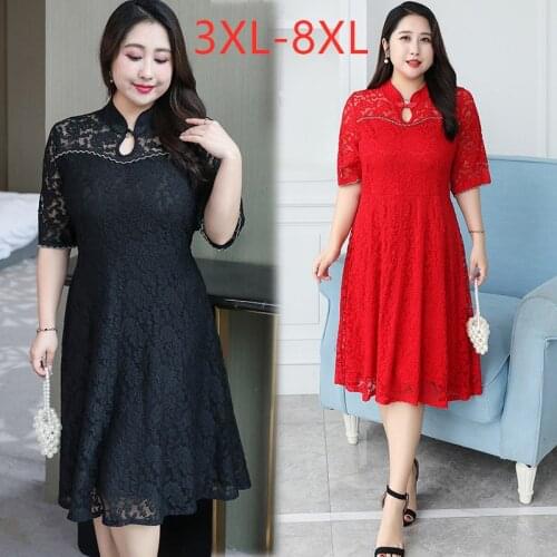 New 2021 Ladies Summer Plus Size Midi Dress For Women Large Short Sleeve Slim Lace Red Black Pleated Dress 4XL 5XL 6XL 7XL 8XL