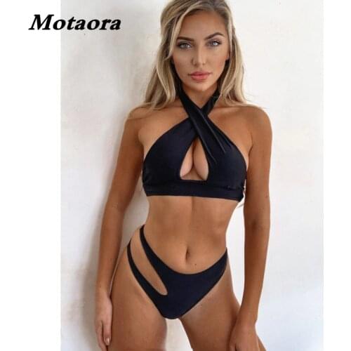 New Two Piece Biquini High Cut Swimming Suit Sexy Hollow Out Swimsuit Women Cross Neck Bandage Swimwear Push Up Halter BikiniSet