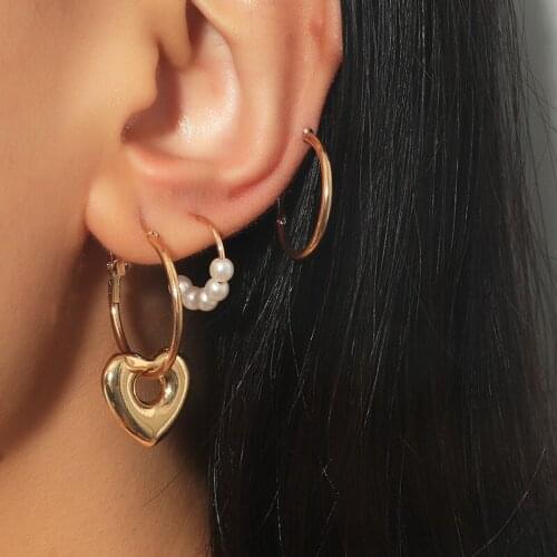 New Pearl Jewelry Heart Hoop Earrings for Women Gold Color Geometric Heart Pendant Punk Hoop Earring Piercing Party Jewelry Gift