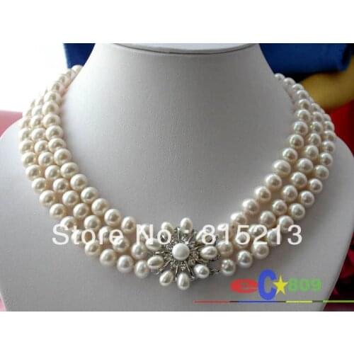 3ROW 7-8MM WHITE ROUND Freshwater CULTURED PEARL NECKLACE