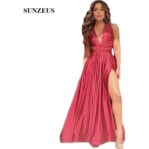 Deep V Neck Burgundy Prom Dresses A-Line Tank High Leg Slit Sexy Girls Graduation Dresses 2019 vestidos de graduacion