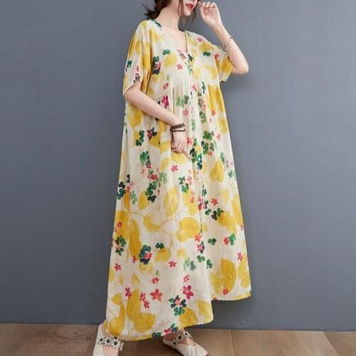 Thin Soft Cotton Linen Print Floral Loose Summer Dress V-neck Single Breasted Blouse Dress Holiday Travel Casual Women Dress