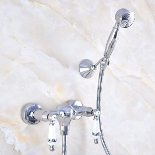 Polished Chrome Brass Wall Mounted Bathroom Hand Held Shower Head Faucet Set Mixer Tap Dual Ceramics Handles Levers mna780