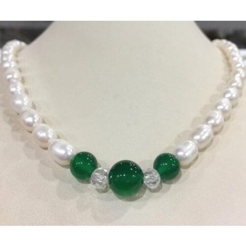 7-8mm akoya freshwater Rice pearl & 8-10mm green agate necklace 18