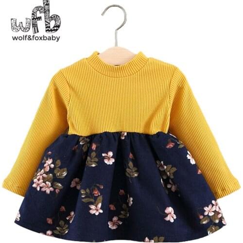 Retail 0-3 years childrens girls long-sleeves round neck sweater stitching floral dress spring fall autumn