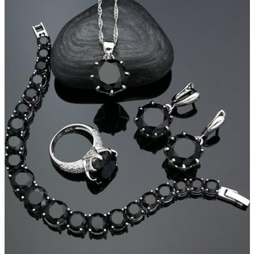 Punk Silver Jewellery Silver 925 Jewelry Sets for Women Black Cubic Zirconia Earrings/Pendant/Necklace/Ring/Bracelet