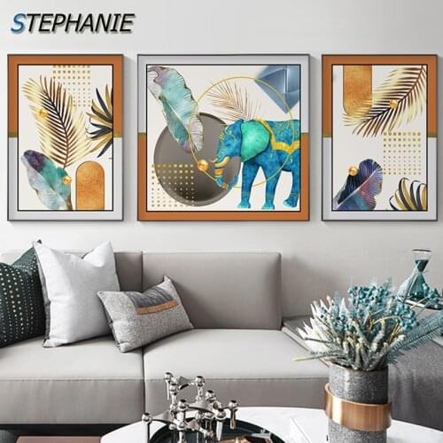 Nordic Animal Elephant Canvas Painting Colored Feathers Poster Prints Abstract Golden Leaves Decor Wall Art Picture for Bedroom