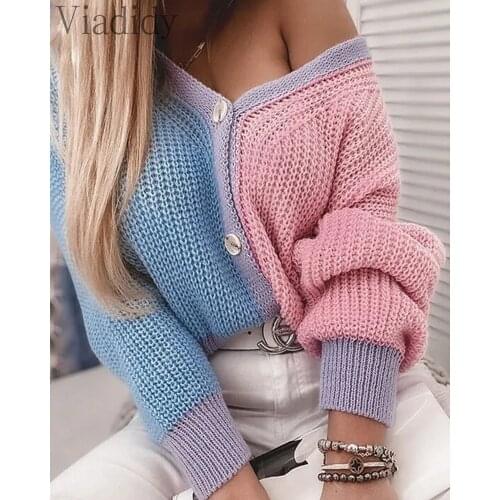 Patchwork Button Loose Long Sleeves Sweater