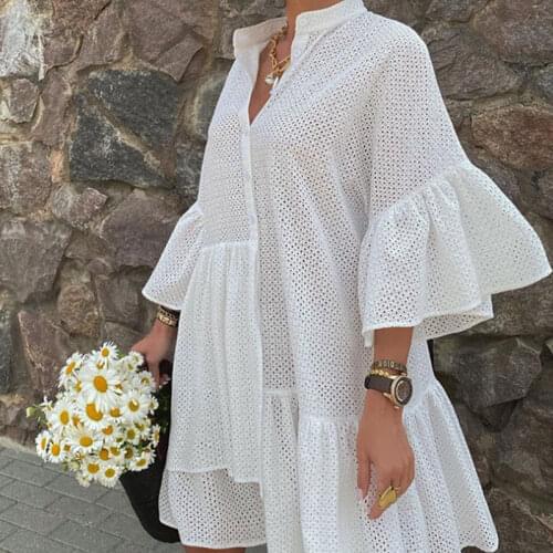 Spring 3/4 Flare Sleeve Women Midi Dresses Solid Hollow Out Ruffles Female Button Shirt Dress Summer New Loose Ladies Vestidos