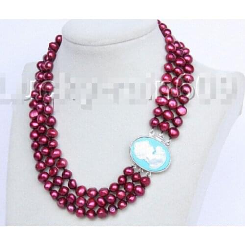 Baroque 18" 3row 8-9mm wine red FW pearls necklace Factory Wholesale price Women Gift word Jewelry