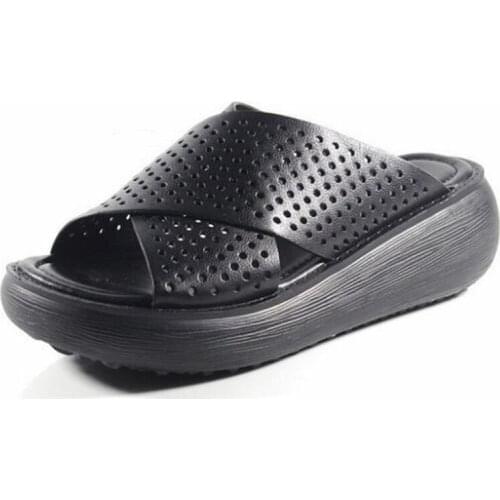 Hot 2020 New Summer Hollow Genuine Leather Sandals Thick Bottom Wedge Sandals Retro Silppers Comfortable Open Toe Women Sandals