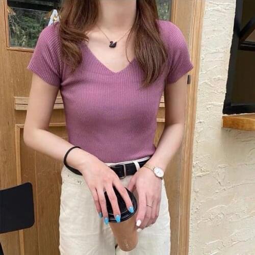 Woman Sweaters Pullover V-neck Short-Sleeved T-shirt Candy Color Knitted Female Purple Tight Femme Chandails