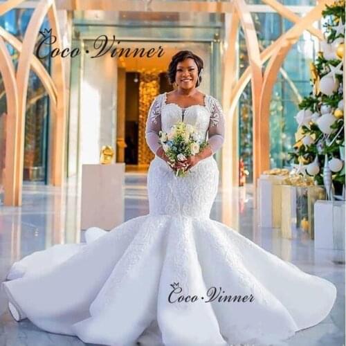 Long Sleeves Illusion Back Quality Mermaid Wedding Dress Africa Lace Embroidery On Net Crystal Beaded Bride Dresses Women W0707