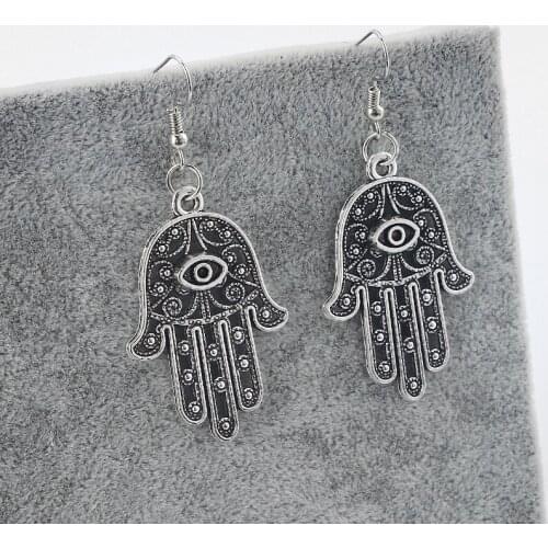 1pair Tibetan Silver HAMSA Palm With Eye Charm Pendant Earring Big Hook Cool Jewellery For Women