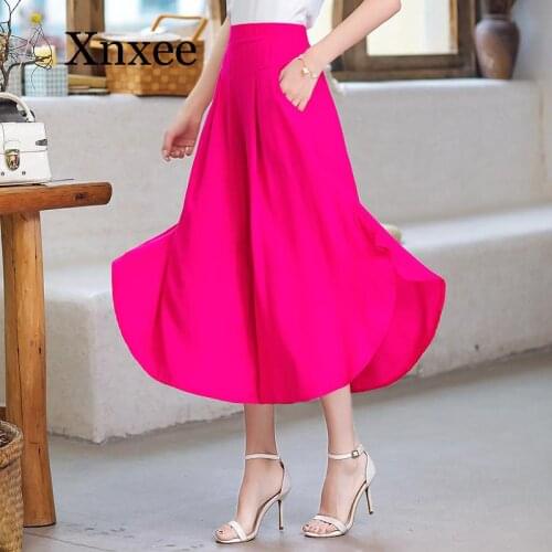 Summer Wide Leg Pants Women Loose High Waist Beach Ankle-Length Trousers Plus Size Casual Loose Black Pants Fuchsia pink purple