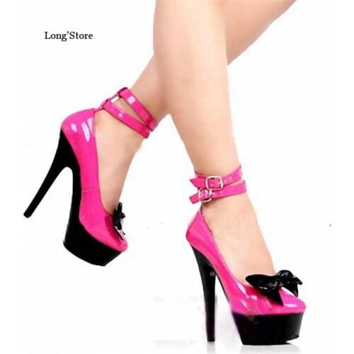 CDTS Plus:35- 46 ladies Bowtie spring/autumn platforms Ankle Strap wedding Round Toe 15cm thin high heels Lace shoes women pumps