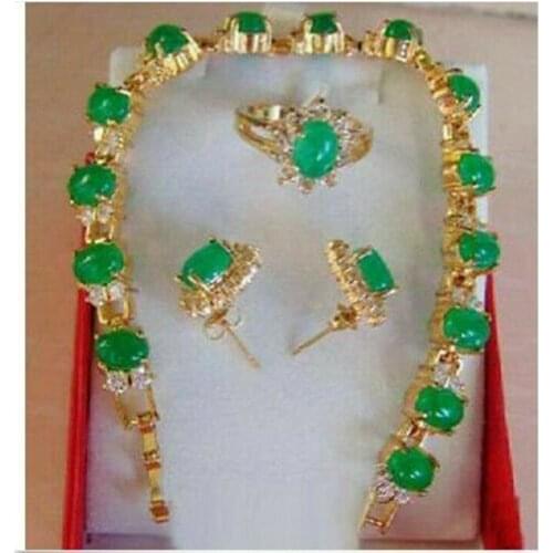 Hot AAA Green Jade Link Bracelet Earrings Ring Set