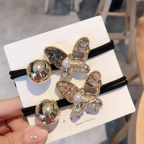 Colorful Pearl Butterfly Elastic Hair Bands Hair Ties Trendy Rhinestone Bow Animal Wings Hair Accessories Rubber Bands Wholesale