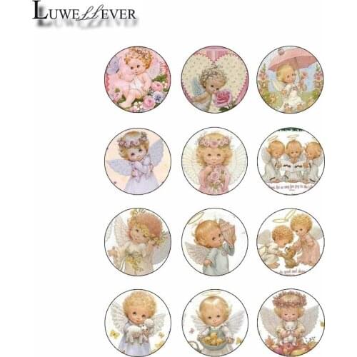 14mm 16mm 12mm 20mm 25mm 345 12pcs/lot Baby Angel Mix Round Glass Cabochons Jewelry Findings 18mm Snap Button Charm Bracelet