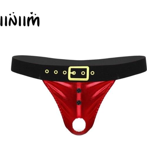 Iiniim Mens Shiny Metallic Santa Lingerie Panties Jockstraps Bulge Pouch T-back Fancy Christmas Costume Thong Briefs Underwear