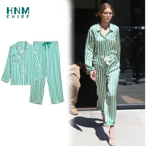 HNMCHIEF Spring / Summer new long-sleeved trousers ladies pajamas suit simple style long pajamas women home service Can Outwear