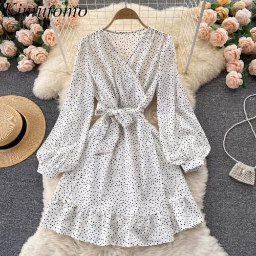 Kimutomo Korea Retro Dot Print Dress Women Early Autumn 2021 V-neck Puff Sleeve High Waist Lace Up A-line Mini Vestidos Elegant