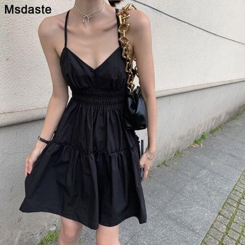 Women Dress Sexy V Neck Dresses Mini Black Color Woman Dress 2020 New Summer Wear Party Ladies Spaghetti Strap Elastic Dresses