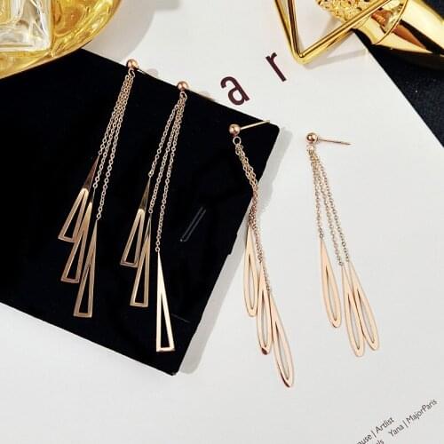 New Fashion Super Long Thin Triangle Tassel Dangle Earrings For Women Classic Rose Gold Titanium Steel Wedding Earrings Not Fade