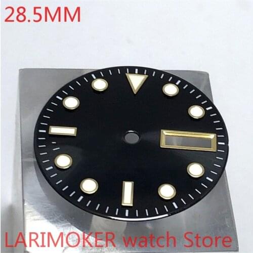 NO Bliger LOGO sterile 28.5mm dial date, suitable for MH36 case core, sports mens watch dials parts black gold