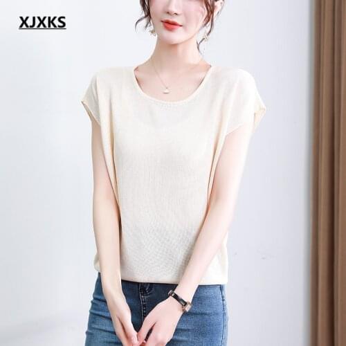 XJXKS 2021 summer new loose plus size women T-shirt high-quality solid color all-match thin top women knitted T-shirt