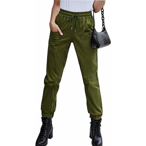 Womens Drawstring Cargo Pants, High Waisted Baggy Workout Solid Color Pants with Pockets