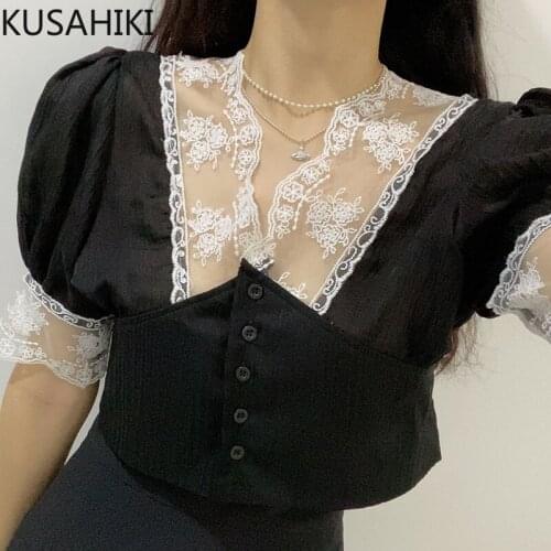 KUSAHIKI Lace Patchwork V-neck Woman Shirts Korean Puff Sleeve Single Breasted Blouse 2021 New Slim Waist Short Blusas 6J516
