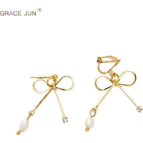 GRACE JUN Hollow-out Bow-knot Shape Clip on Earrings and Gold Color Freshwater Pearl Pierced Earrings Korea Style Charm Earrings