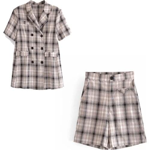 Women Double Breasted Short sleeve Plaid Turn-down Collar Blazers Coat Female Shorts Suit Ladies Streetwear Two Pieces Set